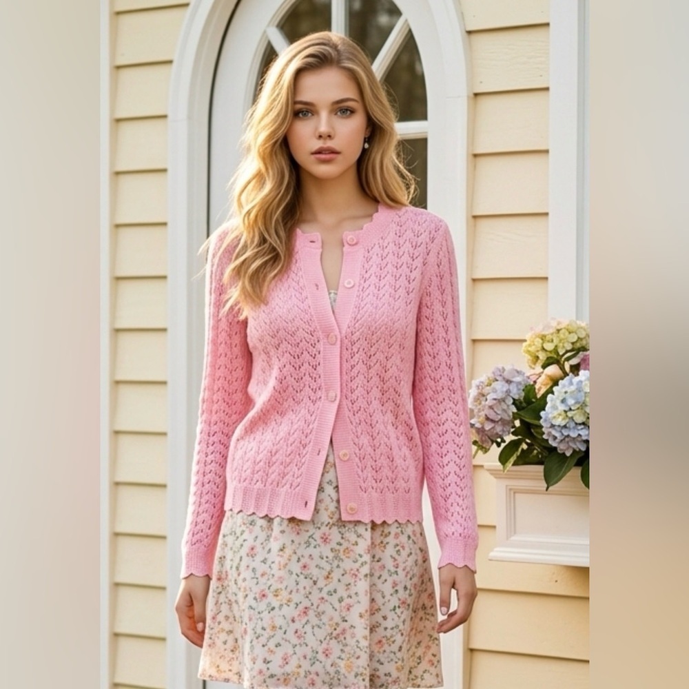 Pink Handmade Pointelle Knit Button-Up Sweater Cardigan